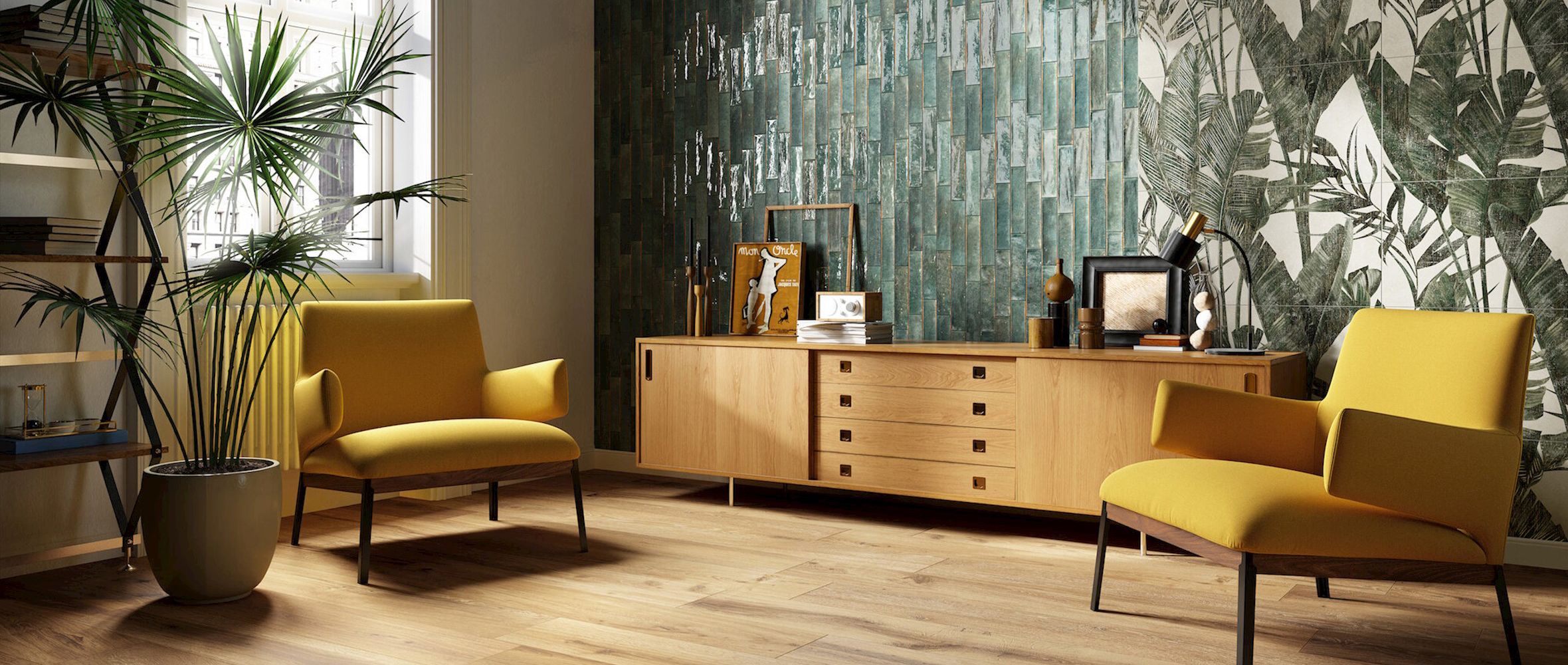 Moderni retro sisustus, 70-luvun olohuone, vintage huonekalut,