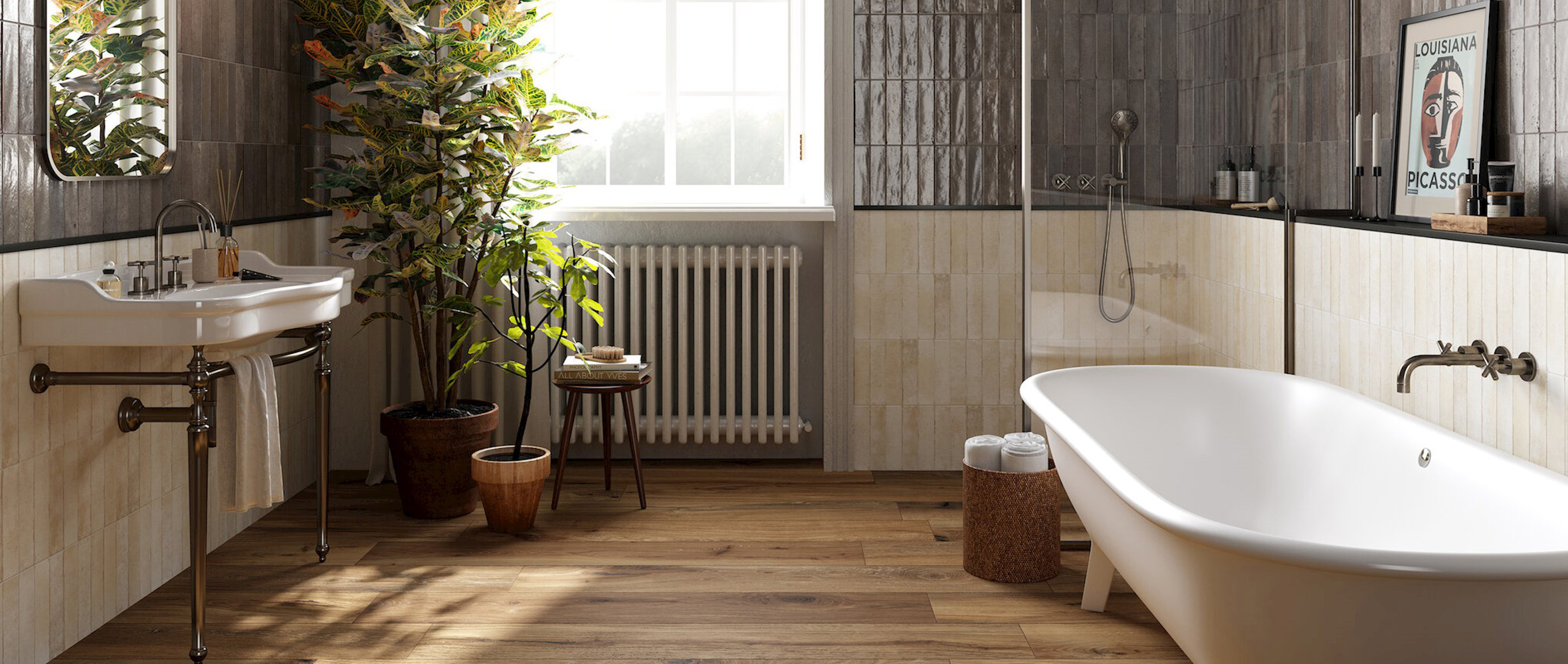 Vaalea maalaisromanttinen kylpyhuone, valkoinen romanttinen sisustus, koristeellinen rustiikkinen pesuallas, hana ja moderni kylpyamme.