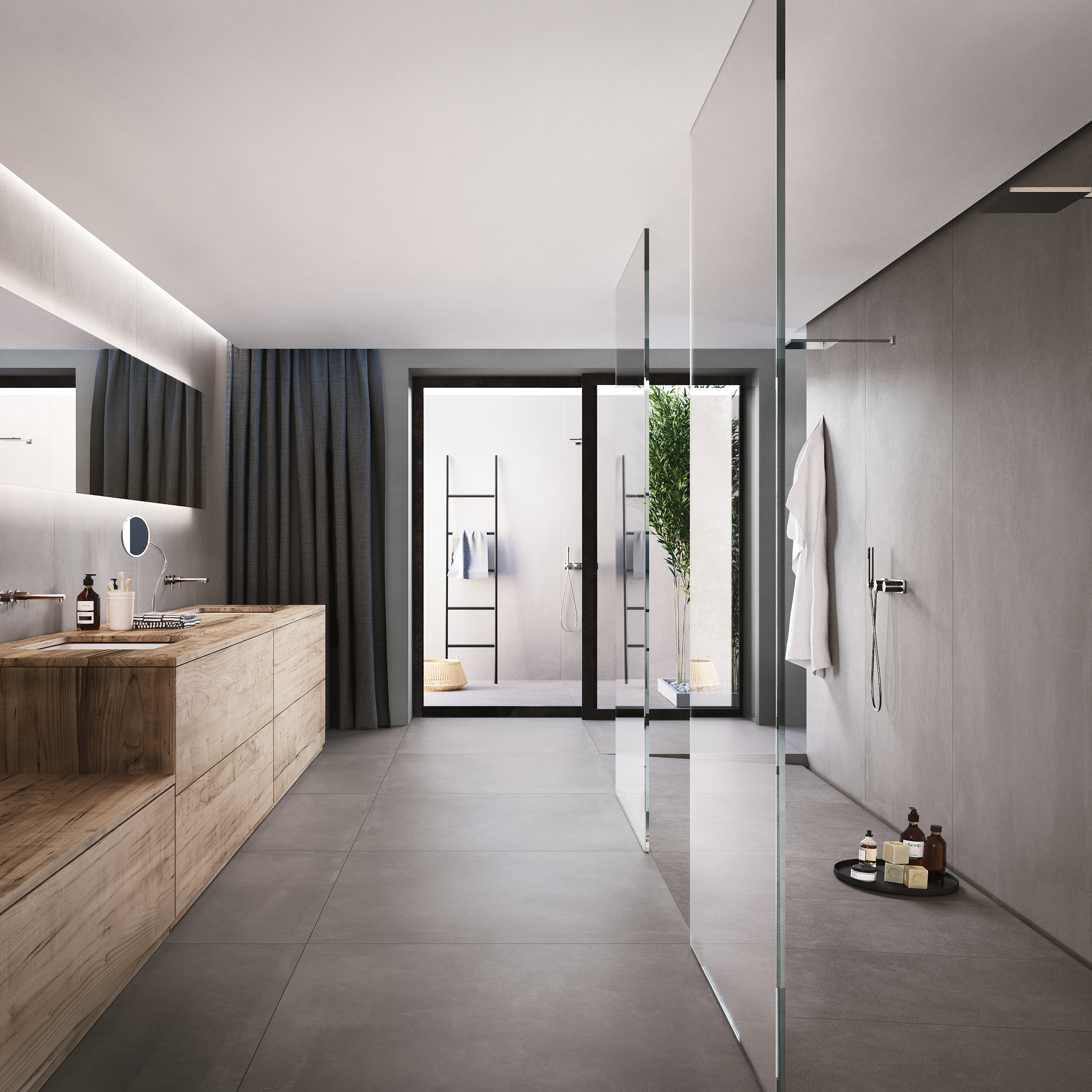 Kotikylpylä, hotellimainen tunnelmallinen kylpyhuone, jossa kivikuosinen suurlaatta, suuri sadesuihku, spa tunnelmaa kylpyhuoneeseen