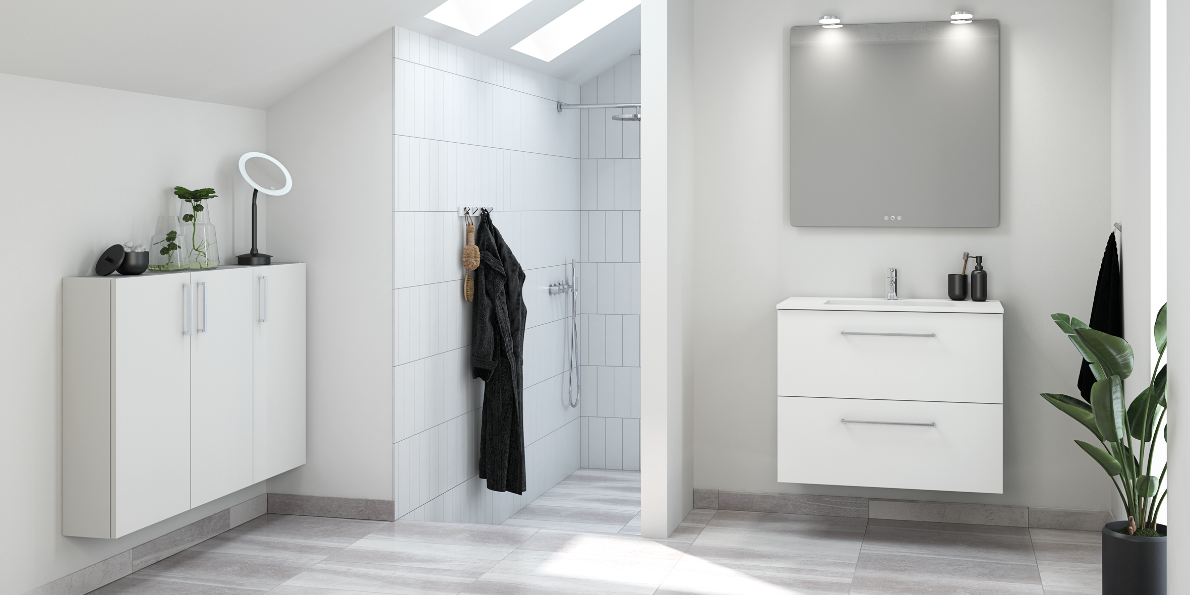 Valkoinen kylpyhuoneen sisustus, vaalea pesuallas, allaskaappi, peili ja kaapit, kivikuosinen harmaa lattialaatta, pystyladonta suihkussa