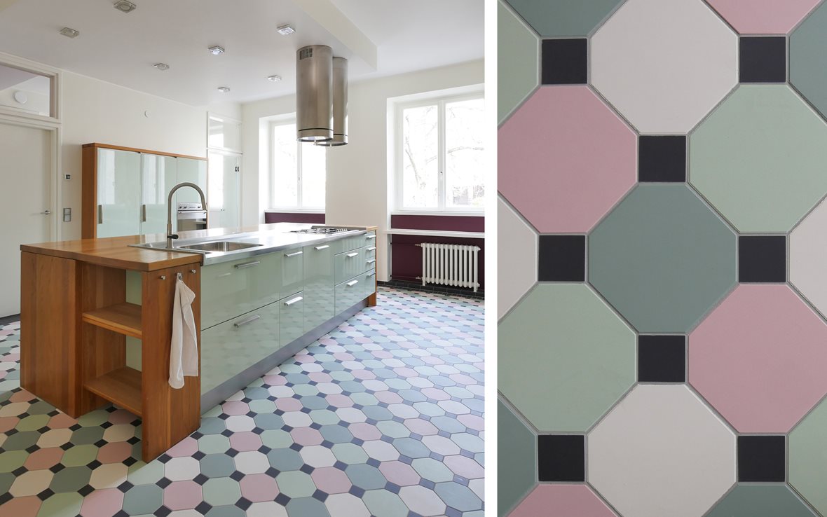 Leikkisä kerrostaloasunnon keittiö