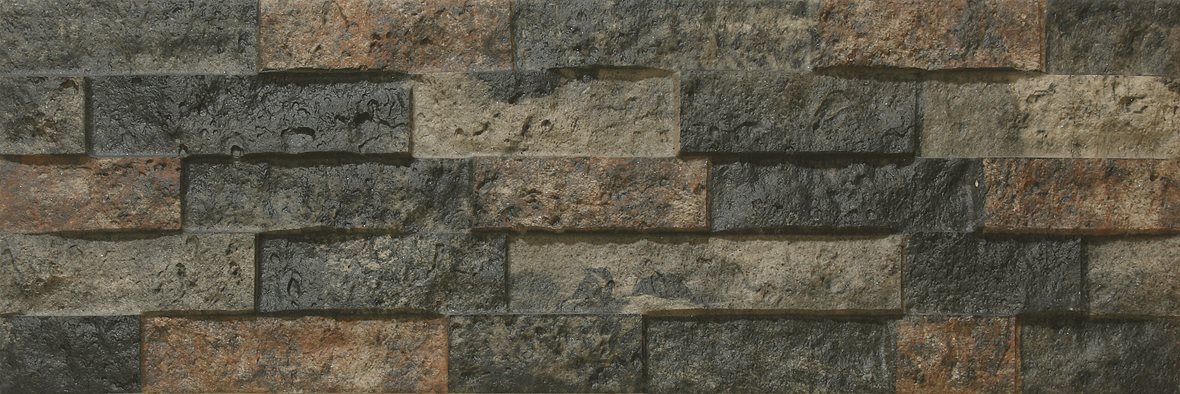 LPC Vulcano lasitettu porcelanato seinälaatta ulkolaatta 20X60 03 moniväri kohokuvioinen matta taustateksti luettavissa tumma moniväri kivi