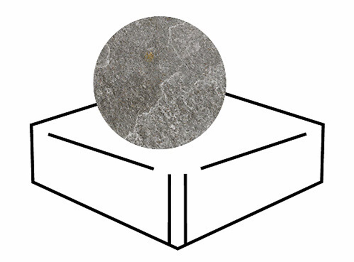 LPC Plaza lasitettu porraslaatta reunalla kulmapala 20X20 R02 harmaa karhennettu matta keskitumma harmaa kivi