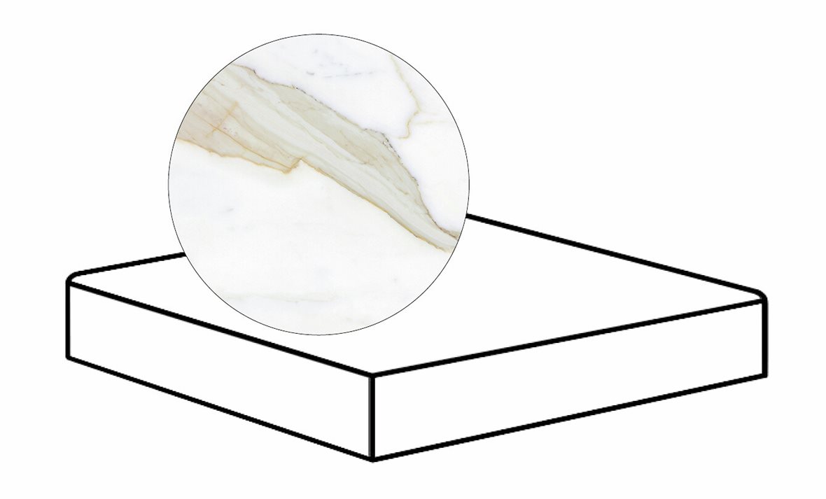 LPC Glamour GLM lasittamaton porraslaatta reunalla kulmapala 33X33 19L Calacatta Select tasapintainen silotettu matta vaalea valkoinen marmori