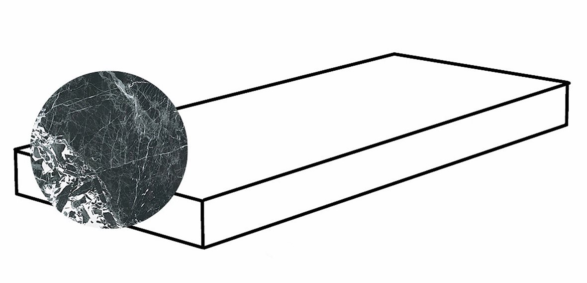 Pukkila Lush lasittamaton porraslaatta reunalla kulmapala 33X119,2 Noir Antique Dx tasapintainen kiillotettu vasen musta marmori