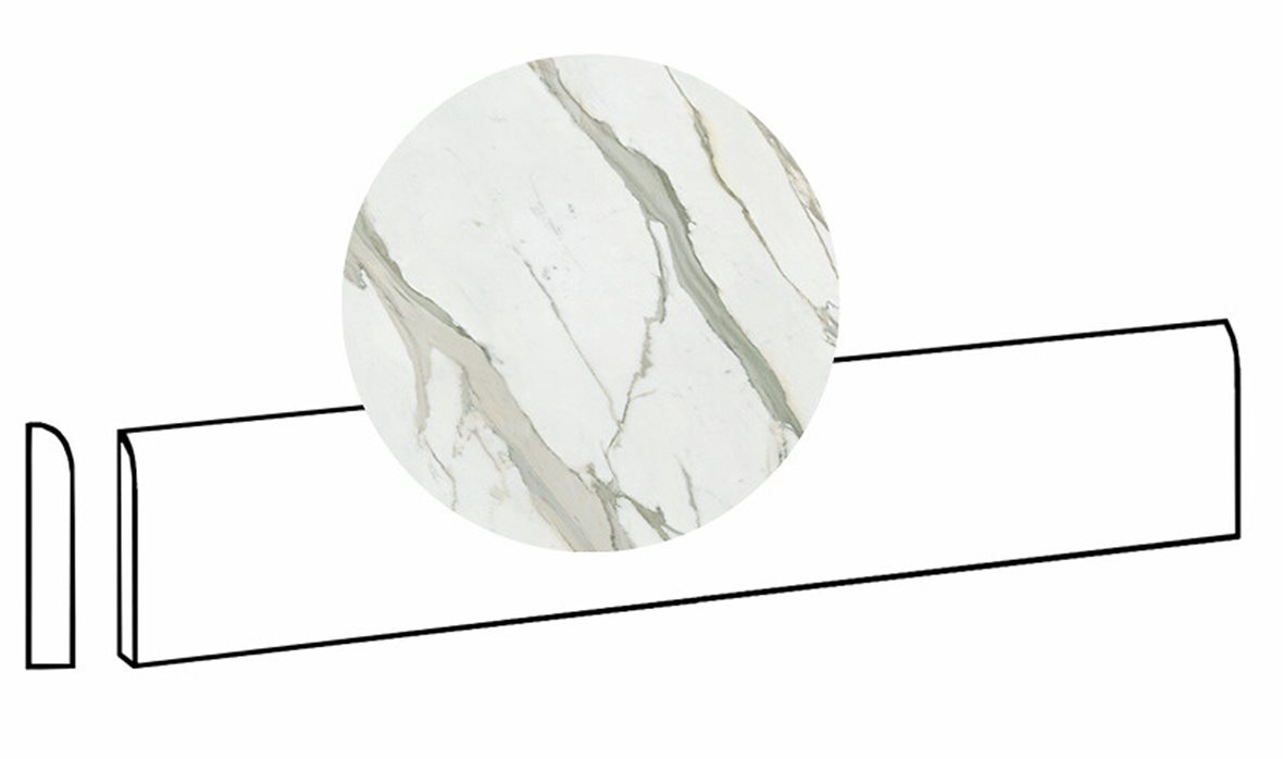 LPC Gloria lasittamaton jalkalista pyöristetty pitkä sivu 7,2X80 02 Calacatta Gold tasapintainen matta vaalea valkoinen marmori