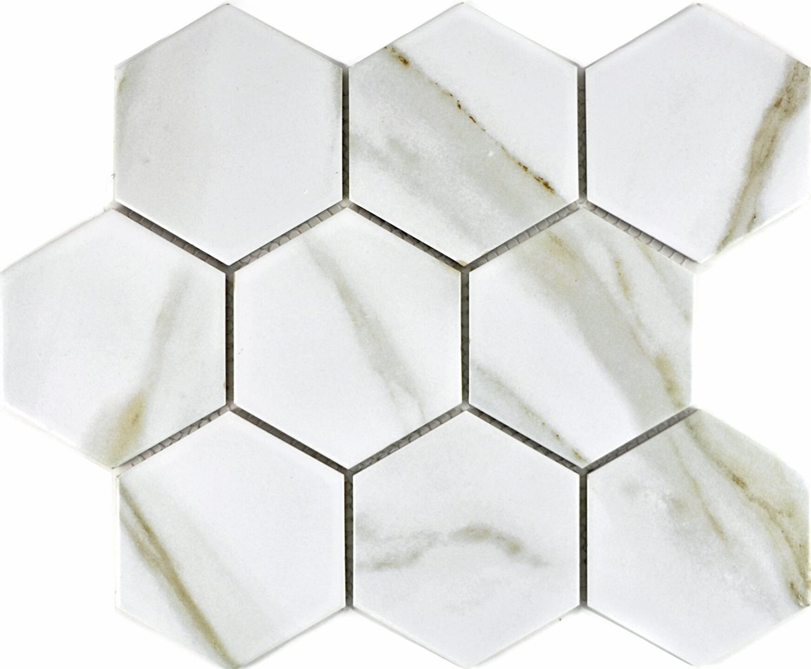 Pukkila Marmorimosaiikit lasitettu porcelanato mosaiikki seinälaatta lattialaatta 9,5X11 Calacatta Hexagon tasapintainen matta 6-kulmainen valkoinen m