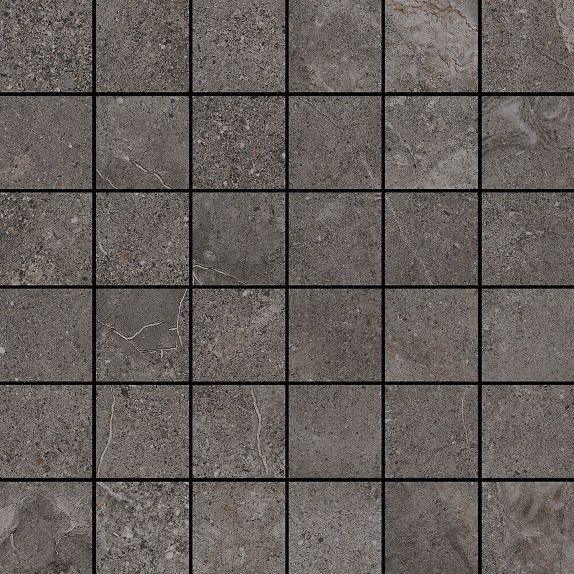 Pukkila Stone Age lasittamaton porcelanato mosaiikki seinälaatta lattialaatta 4,7X4,7 Anthracite tasapintainen matta tumma harmaa kivi