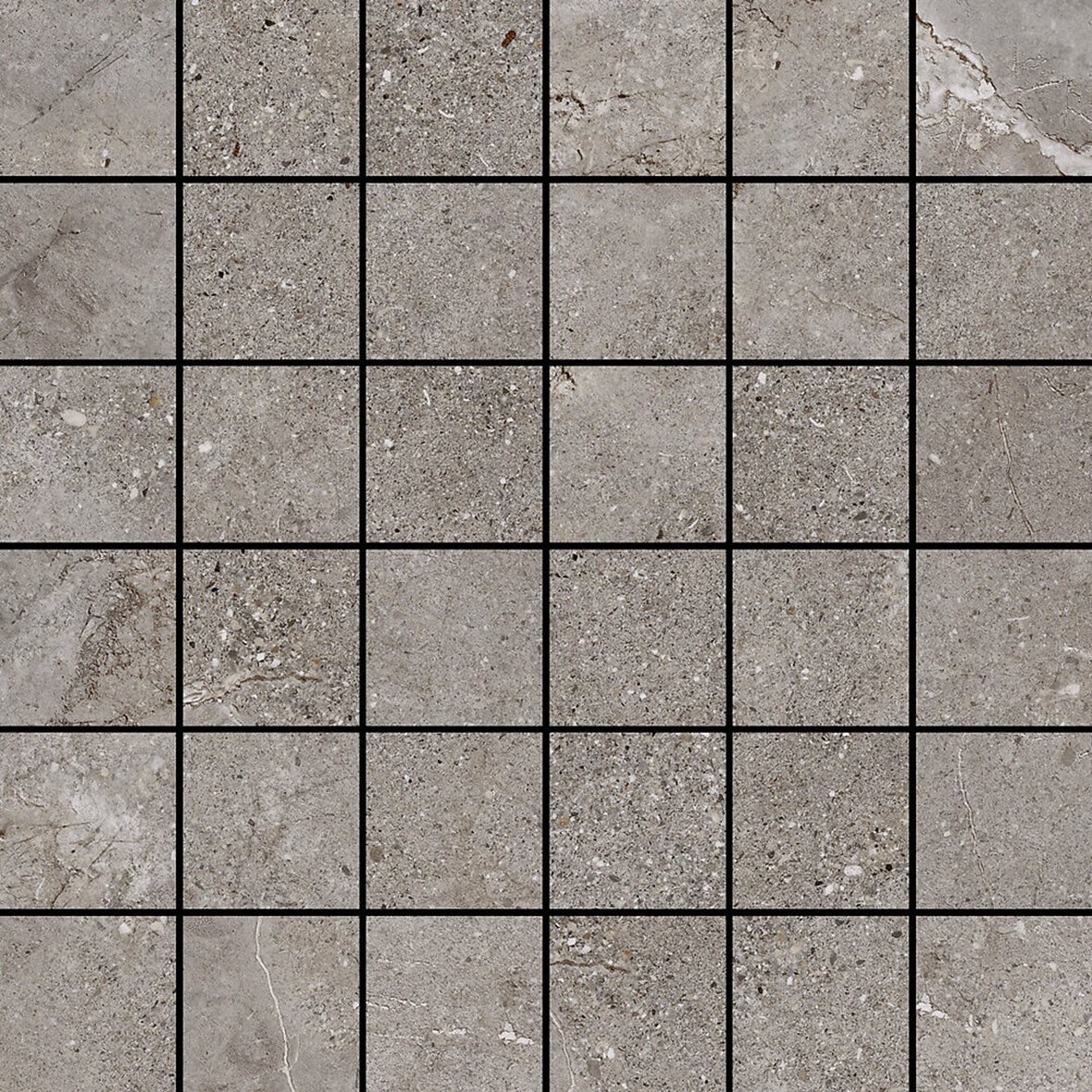 Pukkila Stone Age lasittamaton porcelanato mosaiikki seinälaatta lattialaatta 4,7X4,7 Grey tasapintainen puleerattu keskitumma harmaa kivi