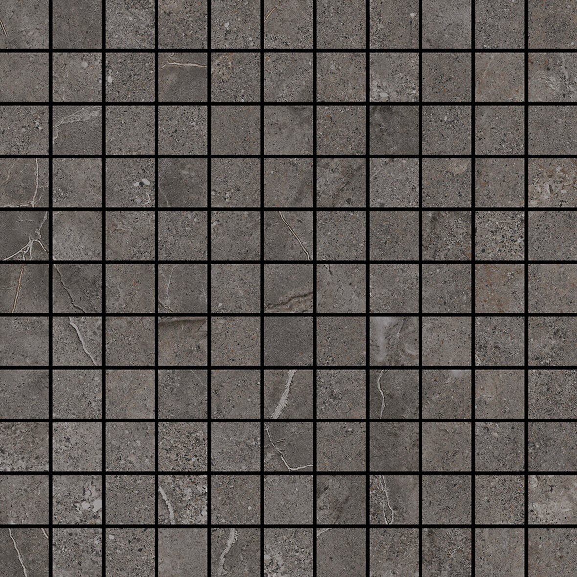 Pukkila Stone Age lasitettu kaakeli mosaiikki seinälaatta 2,5X2,5 Anthracite tasapintainen kiiltävä tumma harmaa kivi