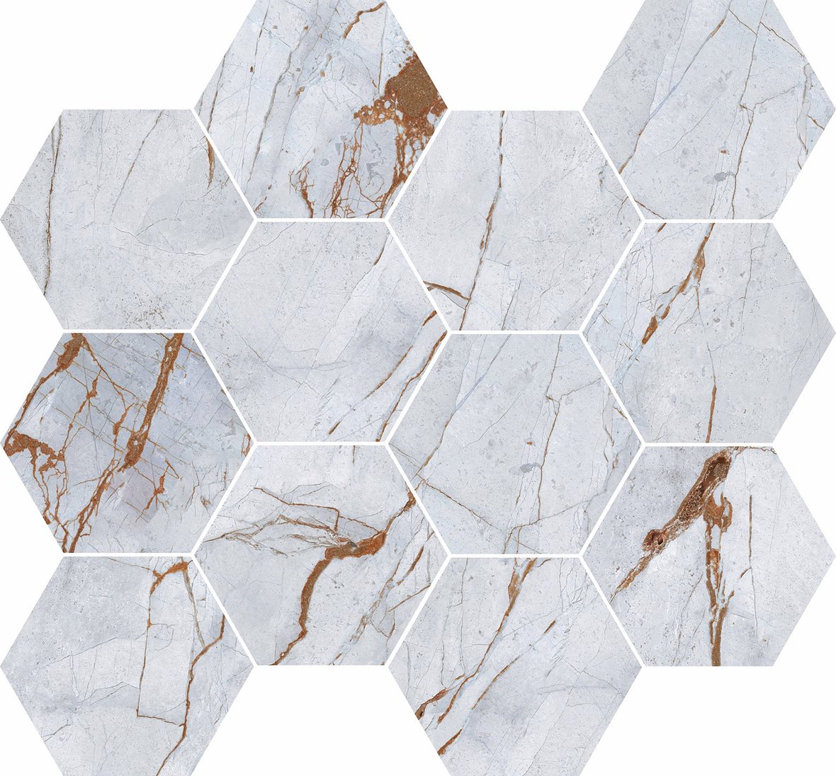 LPC Valeria Hexagon lasitettu porcelanato mosaiikki seinälaatta lattialaatta 07 Azul tasapintainen matta 6-kulmainen 30,3X35 vaalea sininen marmori