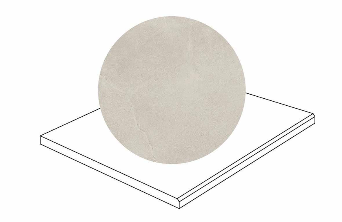 LPC Revolution REV Stone lasitettu porraslaatta kulmapala kiillotettu reuna 60X60X2 R02 kalkki karhennettu matta vaalea valkoinen kivi