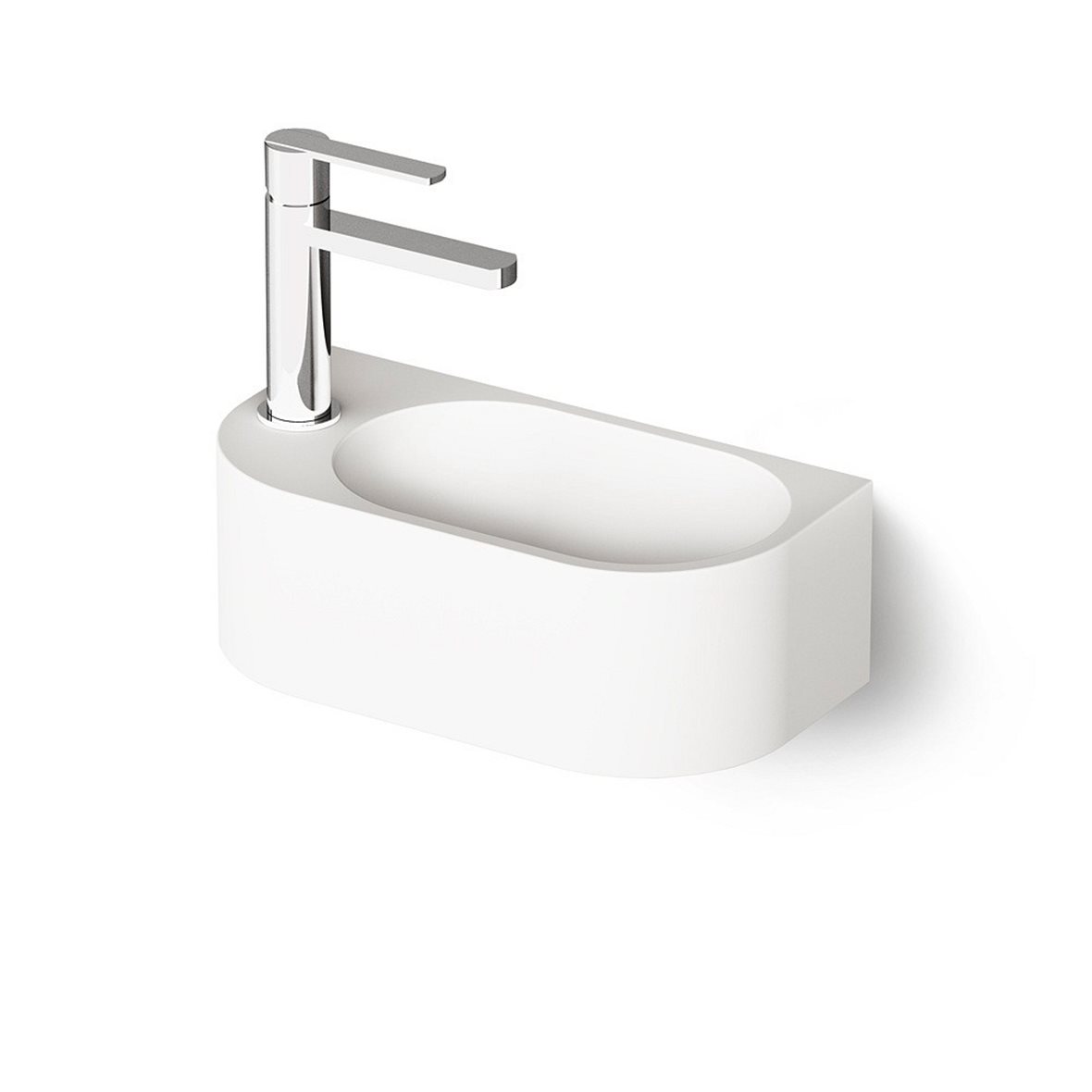 PAA Re seinään tai tason päälle asennettava pieni pesuallas 40X21X14 cm mattavalkoinen kivikomposiitti oikealla kulho vasemmalla matta valkoinen