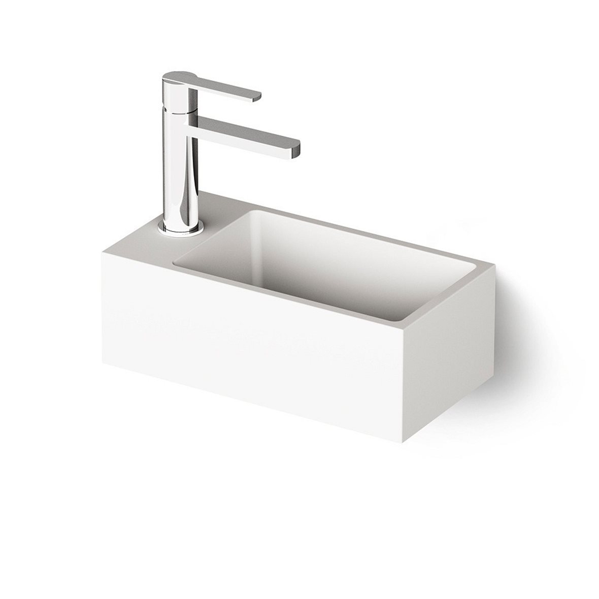 PAA Mi seinään tai tason päälle asennettava pieni pesuallas 40X21X14 cm mattavalkoinen kivikomposiitti vasemmalla kulho oikealla matta valkoinen