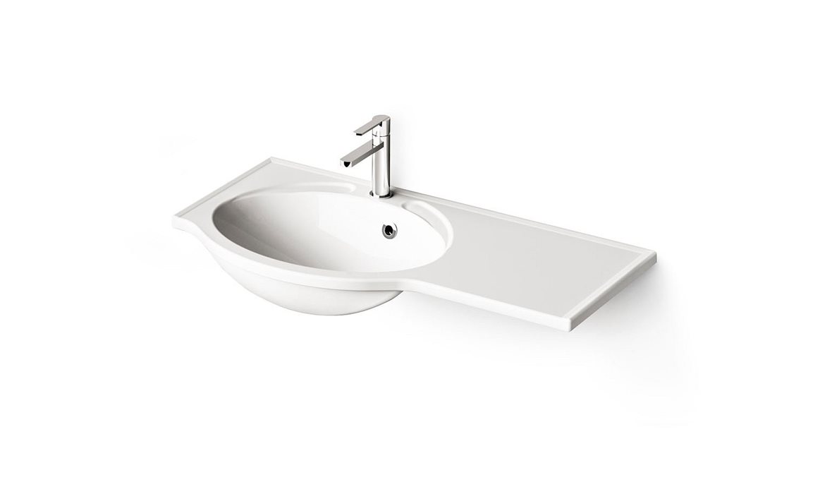 PAA Delta seinään asennettava pesuallas 90X46X18 cm kiiltävä valkoinen valumarmori kulho vasemmalla kiiltävä valkoinen