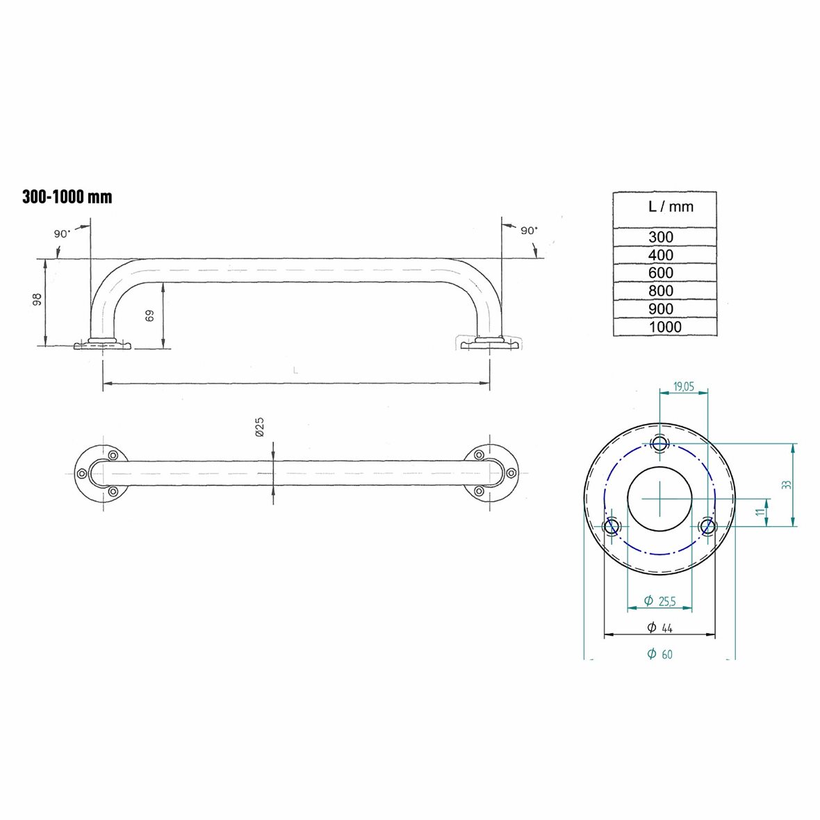JMS-Tuote PRIME-Tukikahva 600mm, valkoinen antibakteerinen
