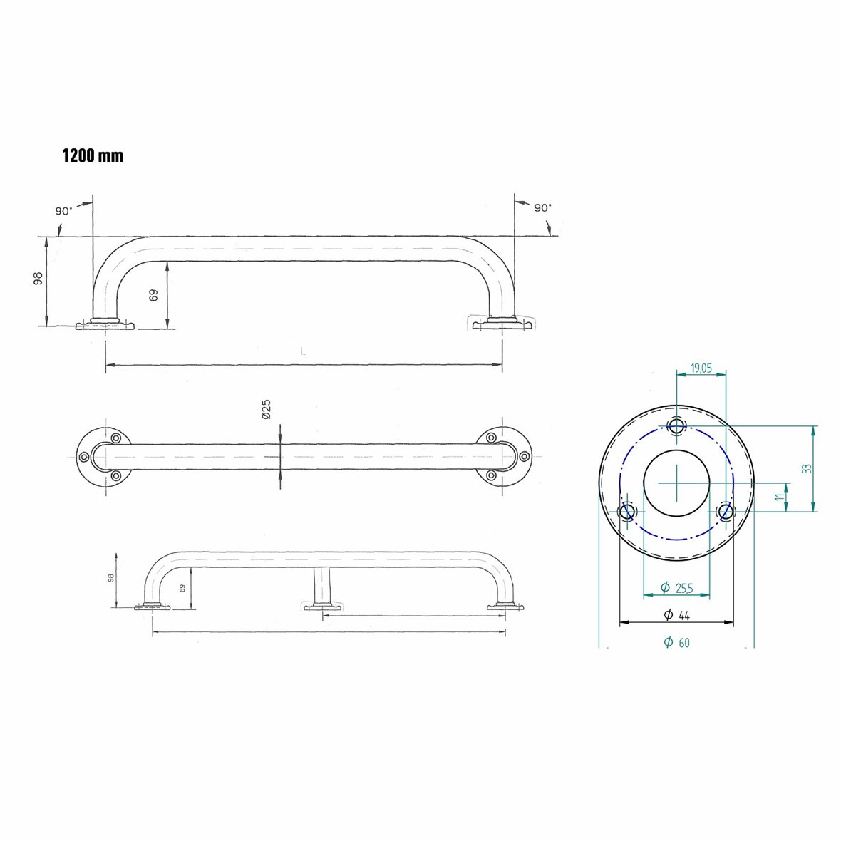 Liikkuva+ Prime suora tukikahva 120x6x9 cm valkoinen matta 25 mm teräs sileä