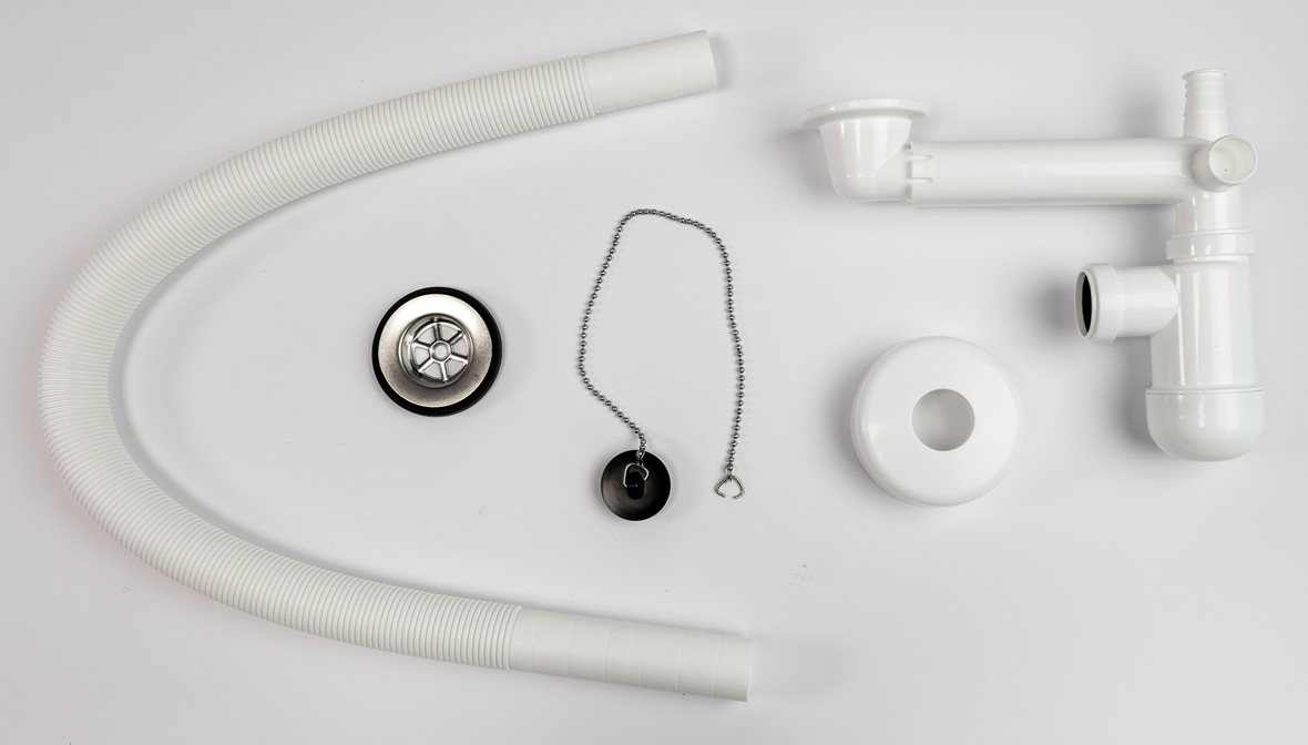 Pesualtaan vesilukko ja pohjaventtiili tilaa säästävä 32 mm taipuisa lattiaputki valkoinen