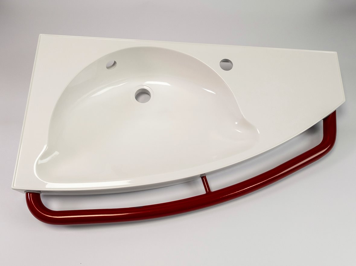 JMS-Tuote Elite seinään asennettava pesuallas tukikaiteella 80X46X15 cm valkoinen/punainen valumarmori oikealla allas vasemmalla antibakteerinen valko