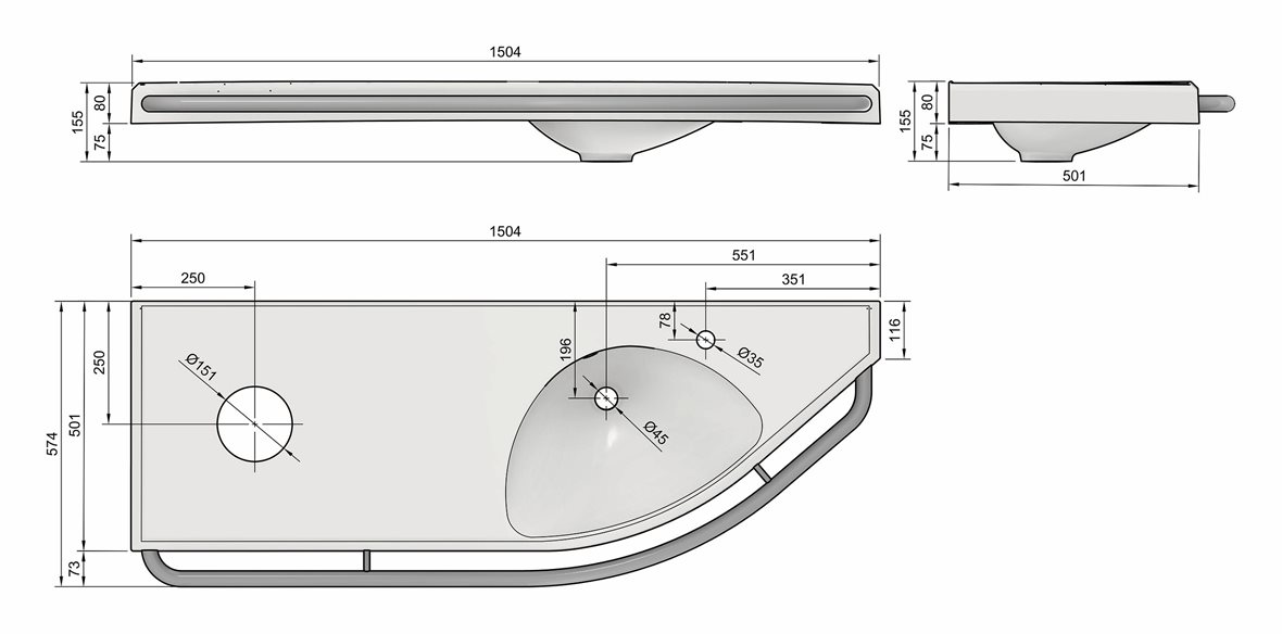 Liikkuva+ Elite seinään asennettava pesuallas tukikaiteella 150X56,6X15 cm valkoinen/harmaa valumarmori oikealla kulho oikealla roska-aukko antibaktee