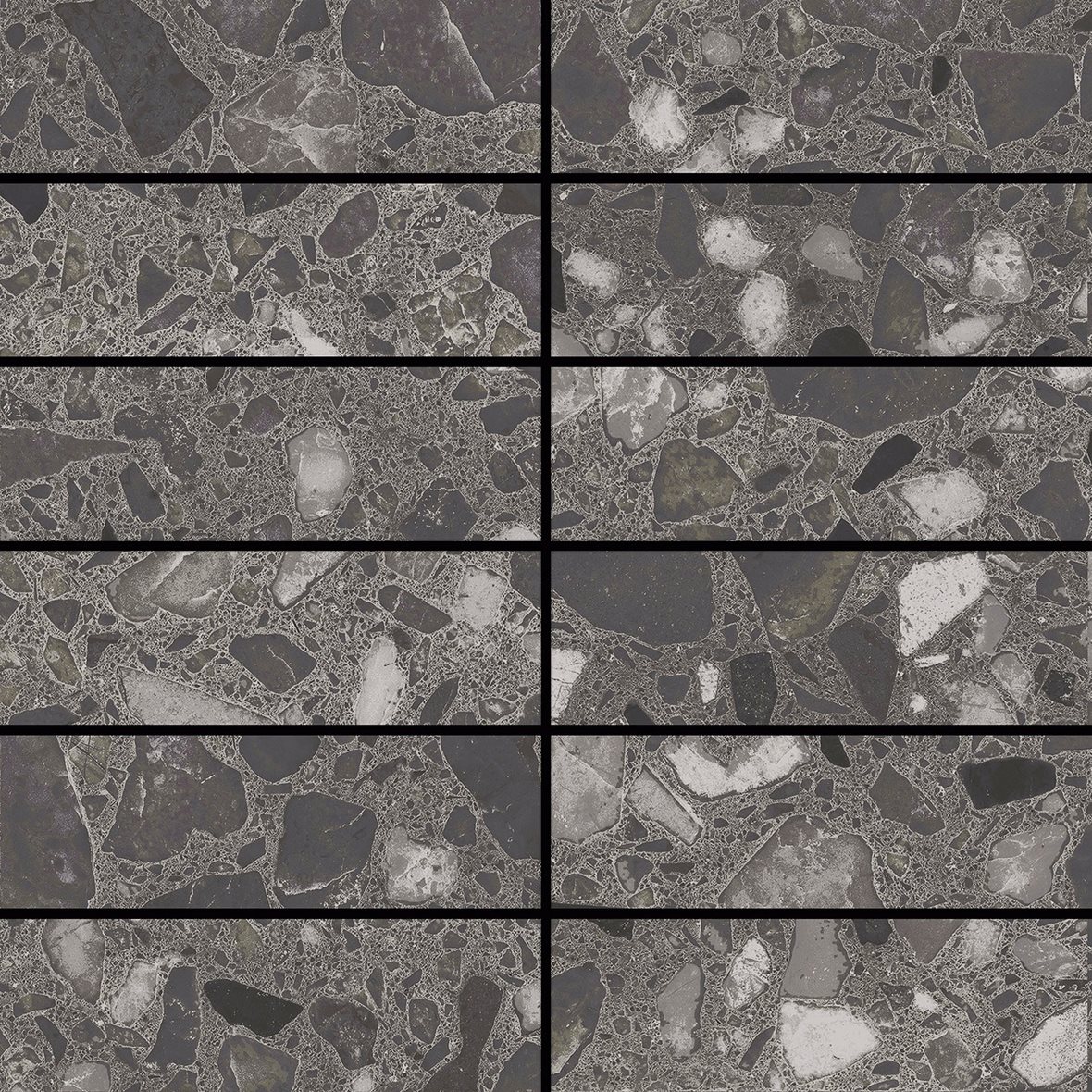 Pukkila Dandy Terrazzo lasitettu klinkkeri mosaiikki seinälaatta lattialaatta 3,2X9,9 Anthracite tasapintainen matta tumma harmaa terrazzo