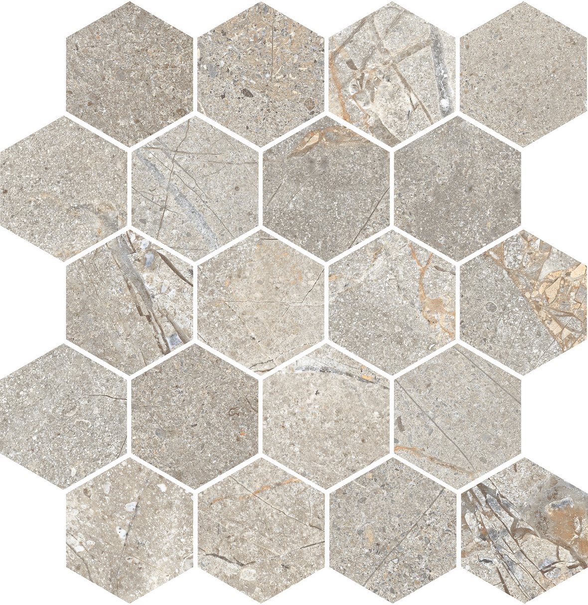 LPC Terranova Hexagon lasitettu porcelanato mosaiikki seinälaatta lattialaatta 01 greige tasapintainen matta 6-kulmainen keskitumma harmaa kivi