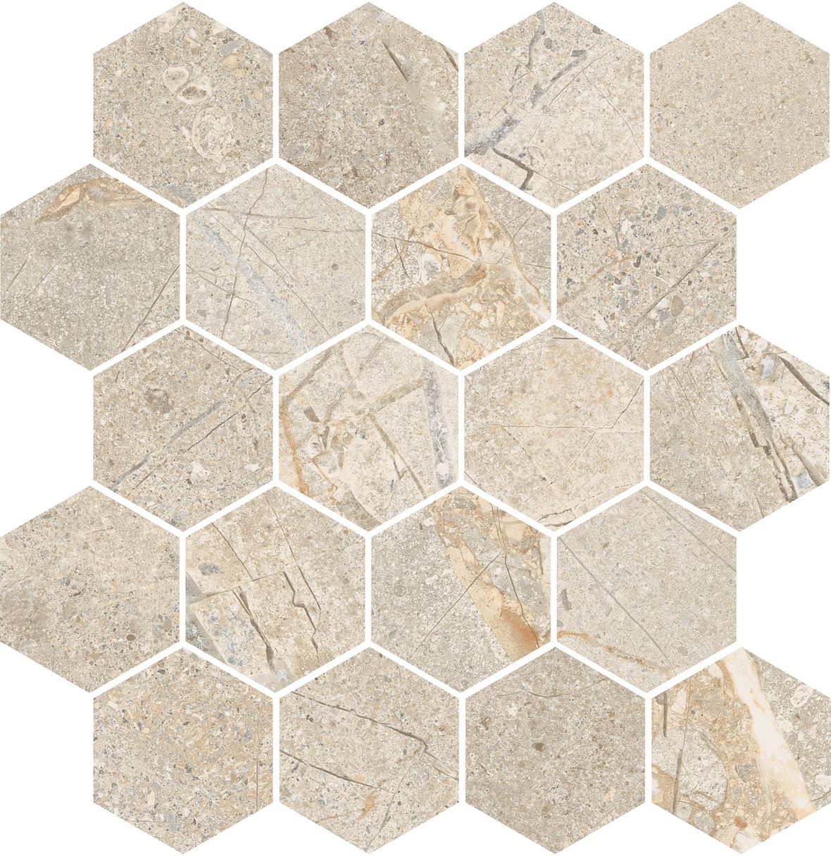 LPC Terranova Hexagon lasitettu porcelanato mosaiikki seinälaatta lattialaatta 02 dune tasapintainen matta 6-kulmainen vaalea beige kivi