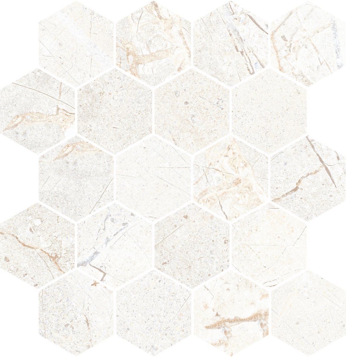 LPC Terranova Hexagon lasitettu porcelanato mosaiikki seinälaatta lattialaatta 03 moon tasapintainen matta 6-kulmainen vaalea valkoinen kivi