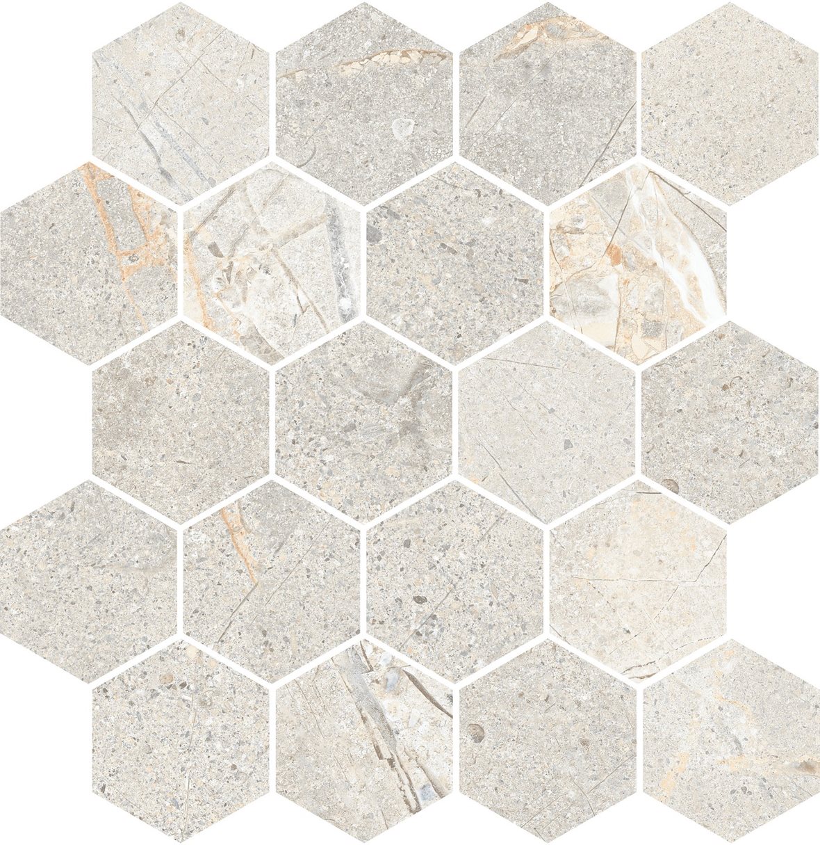 LPC Terranova Hexagon lasitettu porcelanato mosaiikki seinälaatta lattialaatta 04 pale grey tasapintainen matta 6-kulmainen vaalea harmaa kivi