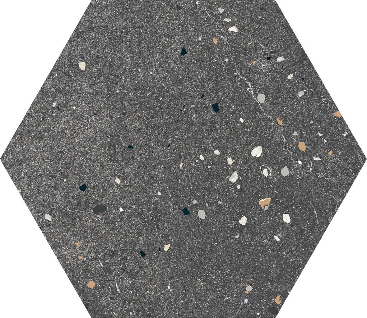 LPC Vienna Hexagon lasitettu porcelanato seinälaatta lattialaatta ulkolaatta 19,7X19,7 03 black tasapintainen matta 6-kulmainen tumma musta terrazzo