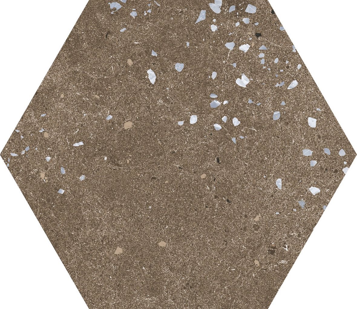 LPC Vienna Hexagon lasitettu porcelanato seinälaatta lattialaatta ulkolaatta 19,7X19,7 05 brown tasapintainen matta 6-kulmainen tumma ruskea terrazzo