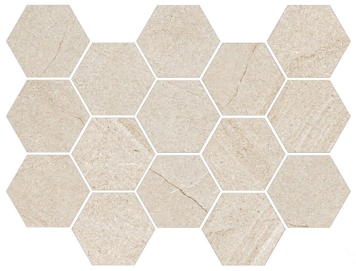 Pukkila Canyon Hexagone lasitettu porcelanato mosaiikki lattialaatta 03 dune laineileva matta 6-kulmainen keskitumma beige kivi
