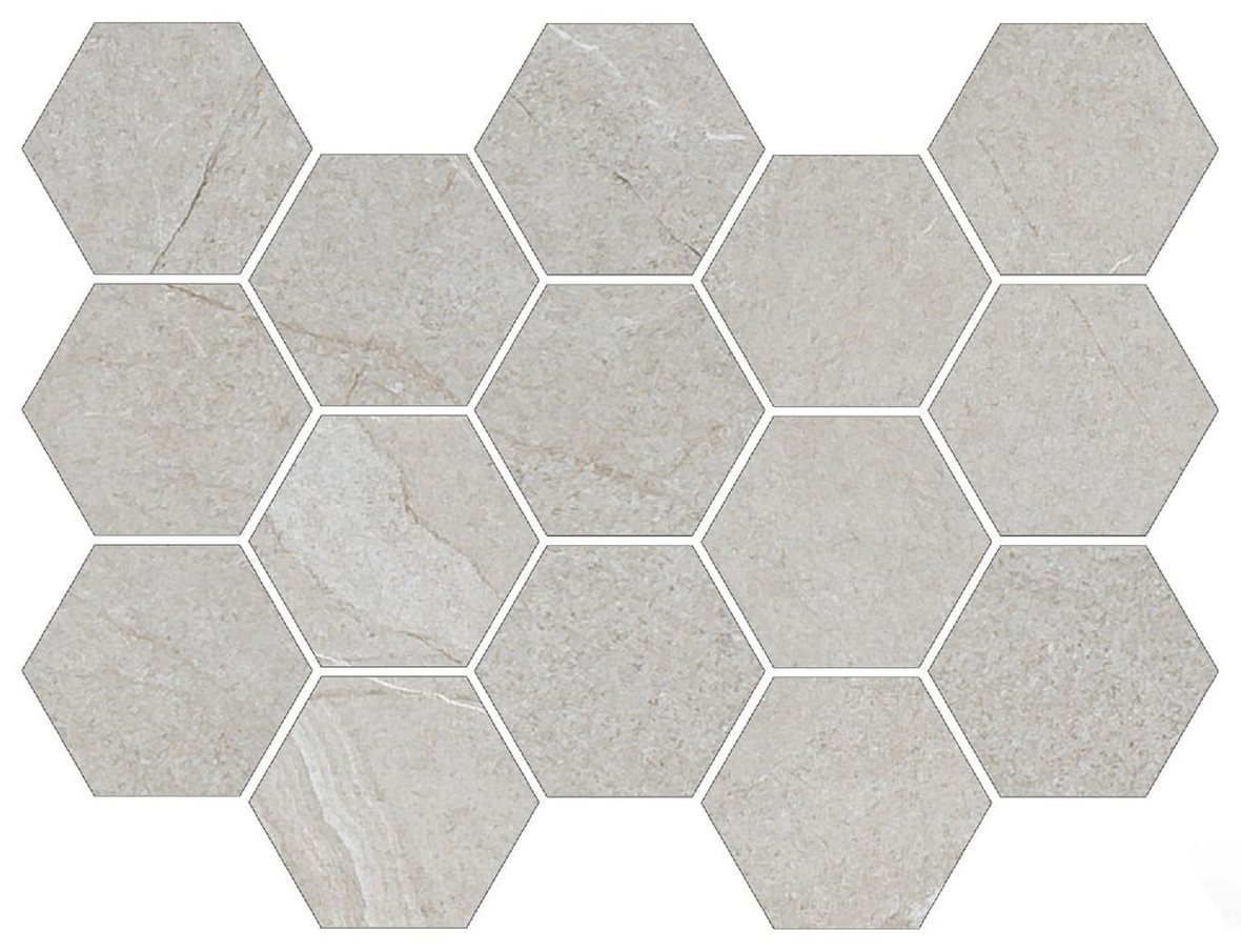 Pukkila Canyon Hexagone lasitettu porcelanato mosaiikki lattialaatta 02 sand laineileva matta 6-kulmainen keskitumma beige kivi