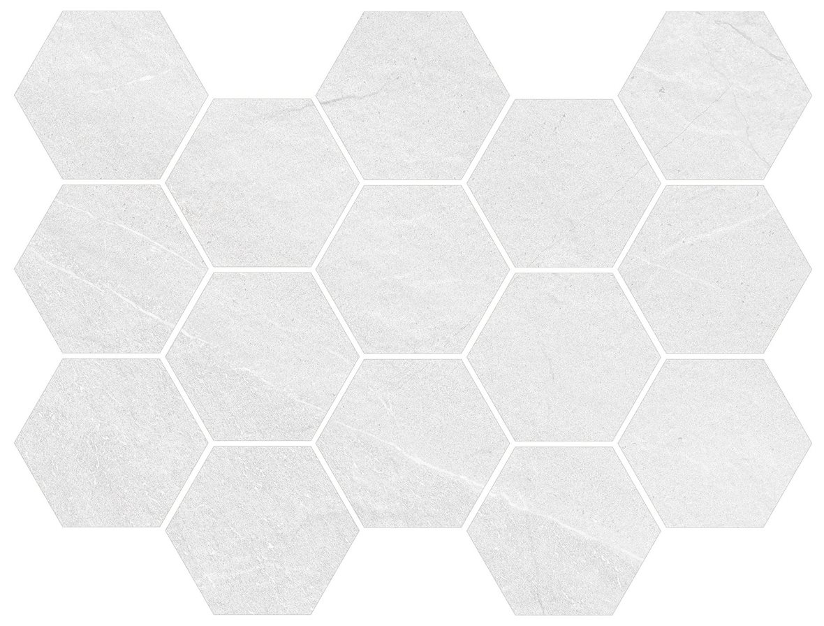 Pukkila Canyon Hexagone lasitettu porcelanato mosaiikki lattialaatta 01 chalk laineileva matta 6-kulmainen vaalea valkoinen kivi