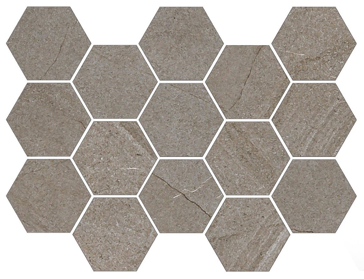 Pukkila Canyon Hexagone lasitettu porcelanato mosaiikki lattialaatta 04 smoke laineileva matta 6-kulmainen keskitumma ruskea kivi