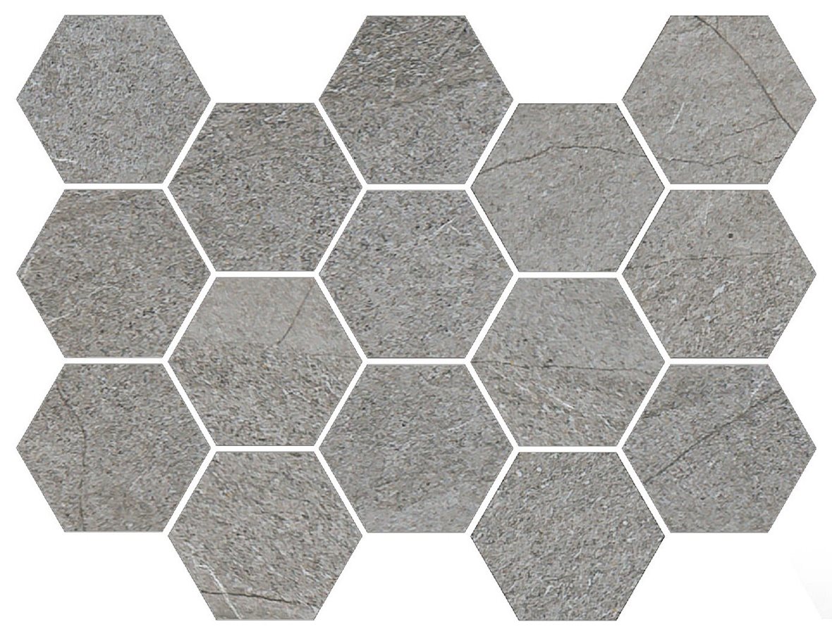 Pukkila Canyon Hexagone lasitettu porcelanato mosaiikki lattialaatta 05 greige laineileva matta 6-kulmainen tumma harmaa kivi