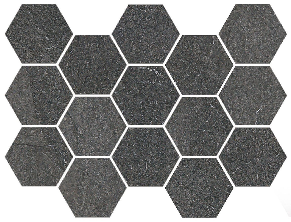 Pukkila Canyon Hexagone lasitettu porcelanato mosaiikki lattialaatta 06 vulcano laineileva matta 6-kulmainen tumma harmaa kivi