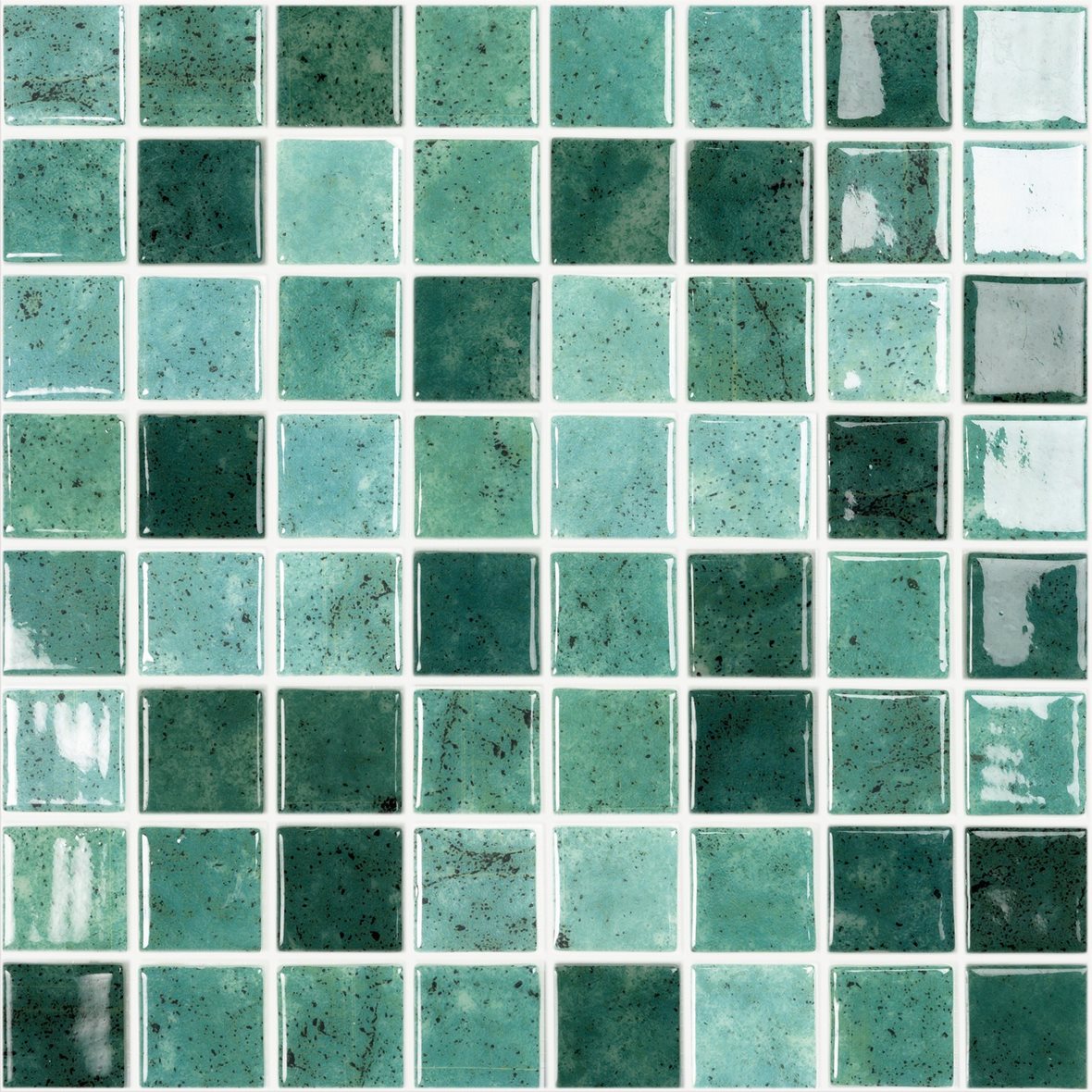 LPC Nature lasilaatta mosaiikki seinälaatta 3,8x3,8 Bali 5608 tasapintainen kiiltävä PUR-arkki 31,5x31,5 keskitumma vihreä