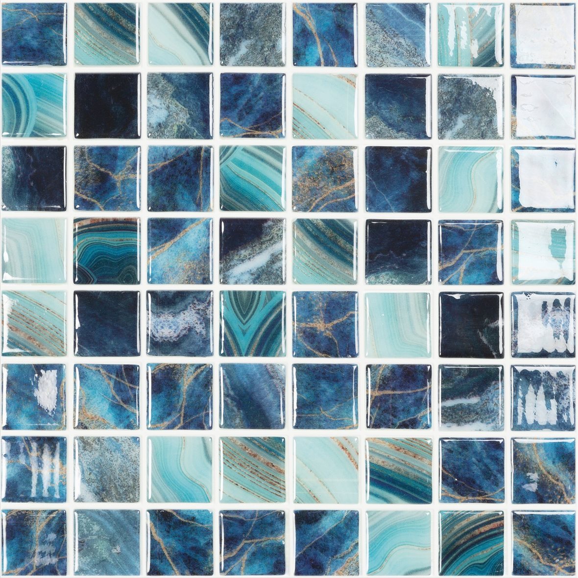 LPC Nature lasilaatta mosaiikki seinälaatta 3,8x3,8 Royal 5604 tasapintainen kiiltävä PUR-arkki 31,5x31,5 keskitumma sininen