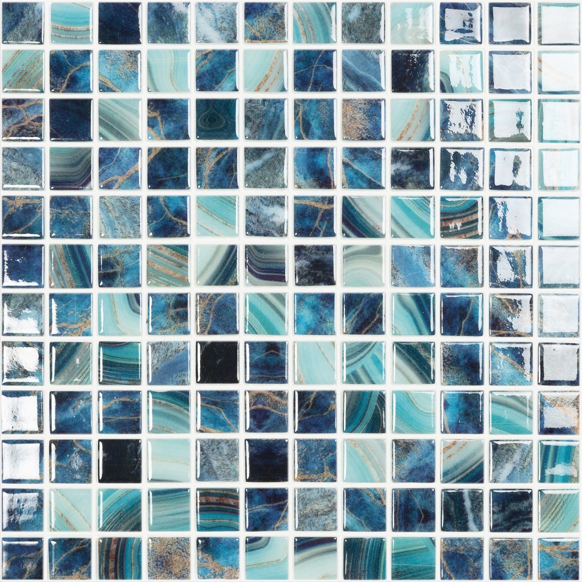 LPC Nature lasilaatta mosaiikki seinälaatta 2,5x2,5 Royal 5604 tasapintainen kiiltävä PUR-arkki 31,5x31,5 keskitumma sininen