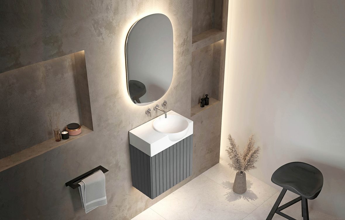 Balteco NU-series, Balteco NU-series allaskaappi 40x45x21,4 cm grafiitti 1 ovi push open seinäviemäröinti, Balteco NU-series seinään asennettava pieni pesuallas 40X27X11 cm valkoinen kivikomposiitti oikealla kulho oikealla matta valkoinen