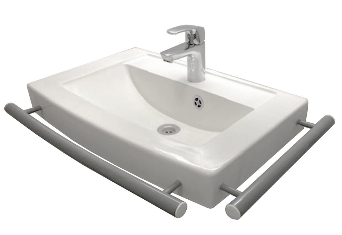 Liikkuva+ seinään asennettava pesuallas tukikaiteella 69,3X47,3X14 cm harmaa/valkoinen valumarmori antibakteerinen kätisyys oikea kiiltävä harmaa