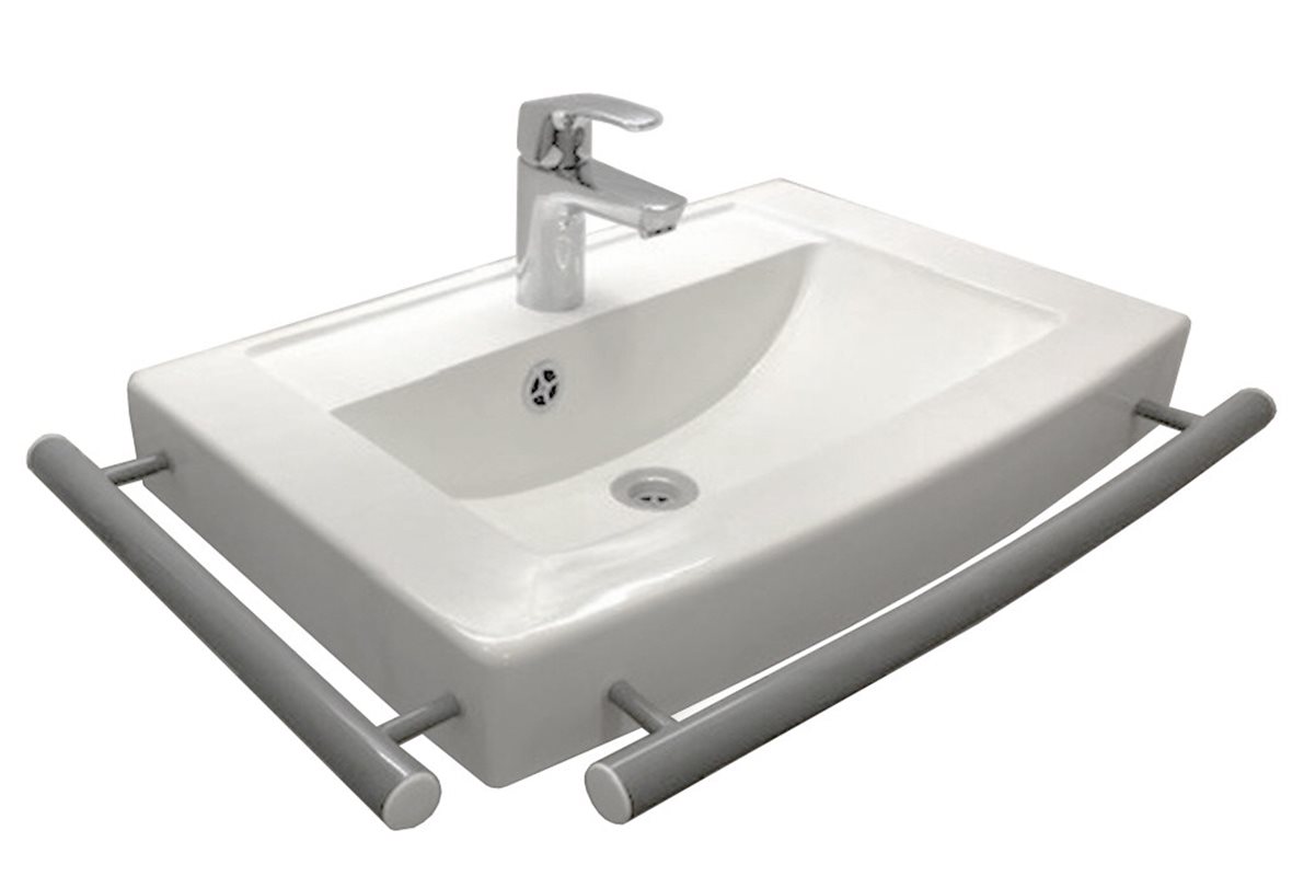 Liikkuva+ Prime seinään asennettava pesuallas tukikaiteella 69,3X47,3X14 cm harmaa/valkoinen valumarmori antibakteerinen kätisyys vasen kiiltävä harma