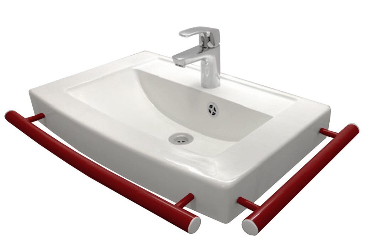 Liikkuva+ Prime seinään asennettava pesuallas tukikaiteella 69,3X47,3X14 cm punainen/valkoinen valumarmori antibakteerinen kätisyys oikea kiiltävä pun