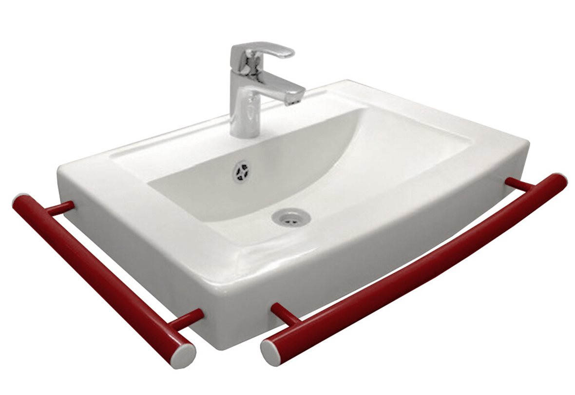 Liikkuva+ Prime seinään asennettava pesuallas tukikaiteella 69,3X47,3X14 cm punainen/valkoinen valumarmori antibakteerinen kätisyys vasen kiiltävä pun