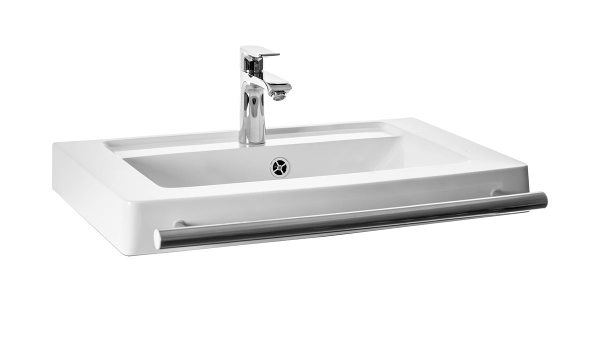 Liikkuva+ seinään asennettava pesuallas tukikaiteella 82X47,3X14 cm kromi/valkoinen valumarmori kiiltävä kromi