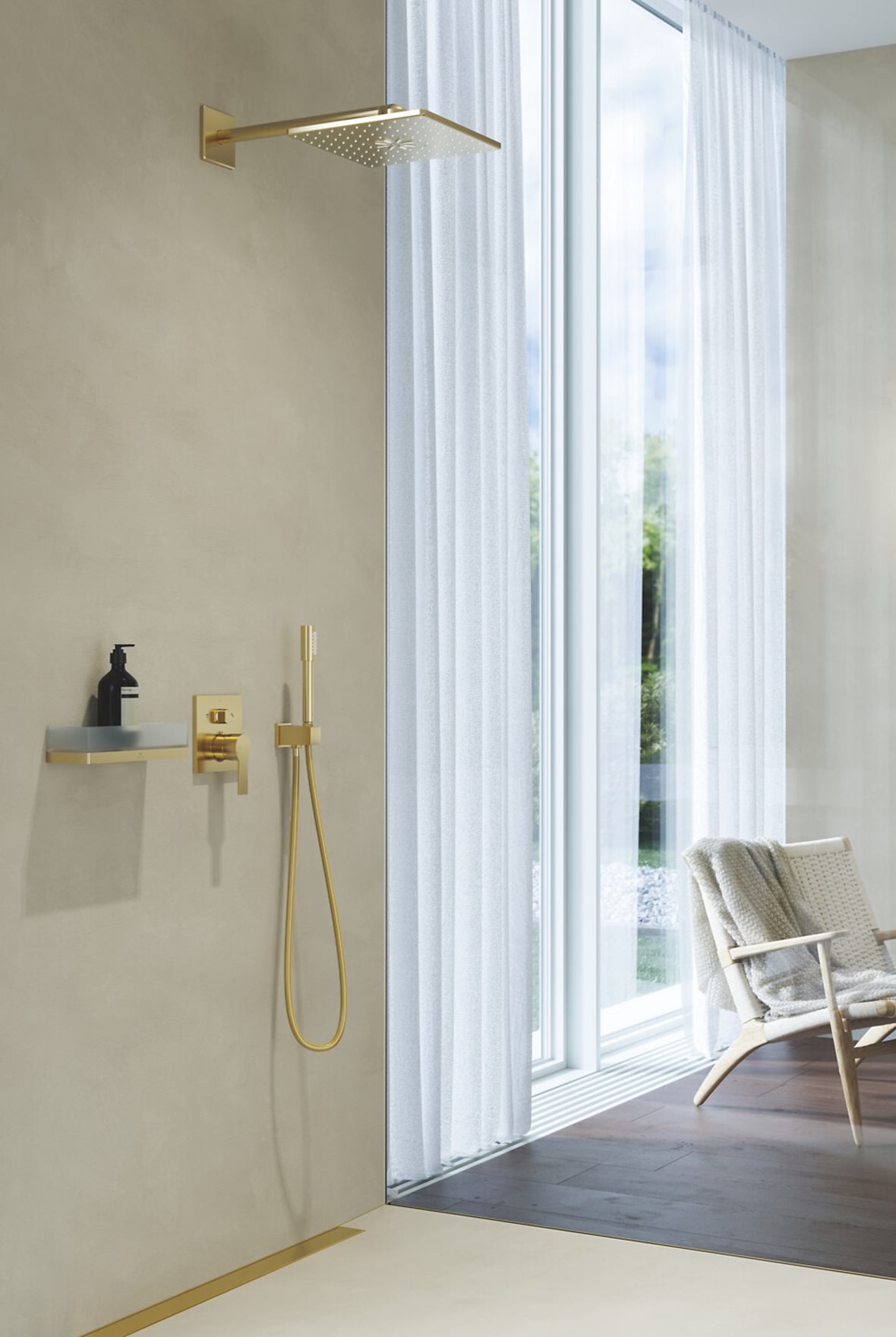 Kylpyhuone, GROHE Rainshower, GROHE Rainshower suihkukahvan pidike pyöreä brushed cool sunrise, GROHE SPA Allure, GROHE SPA Allure pintaosa suihkuhanalle brushed cool sunrise 3 toimintoa, GROHE SPA Allure seinäkori 30x6,7x10 cm brushed cool sunrise, GROHE SPA Rainshower Aqua, GROHE SPA Rainshower Aqua Stick suihkukahva brushed cool sunrise 6,5 l/min