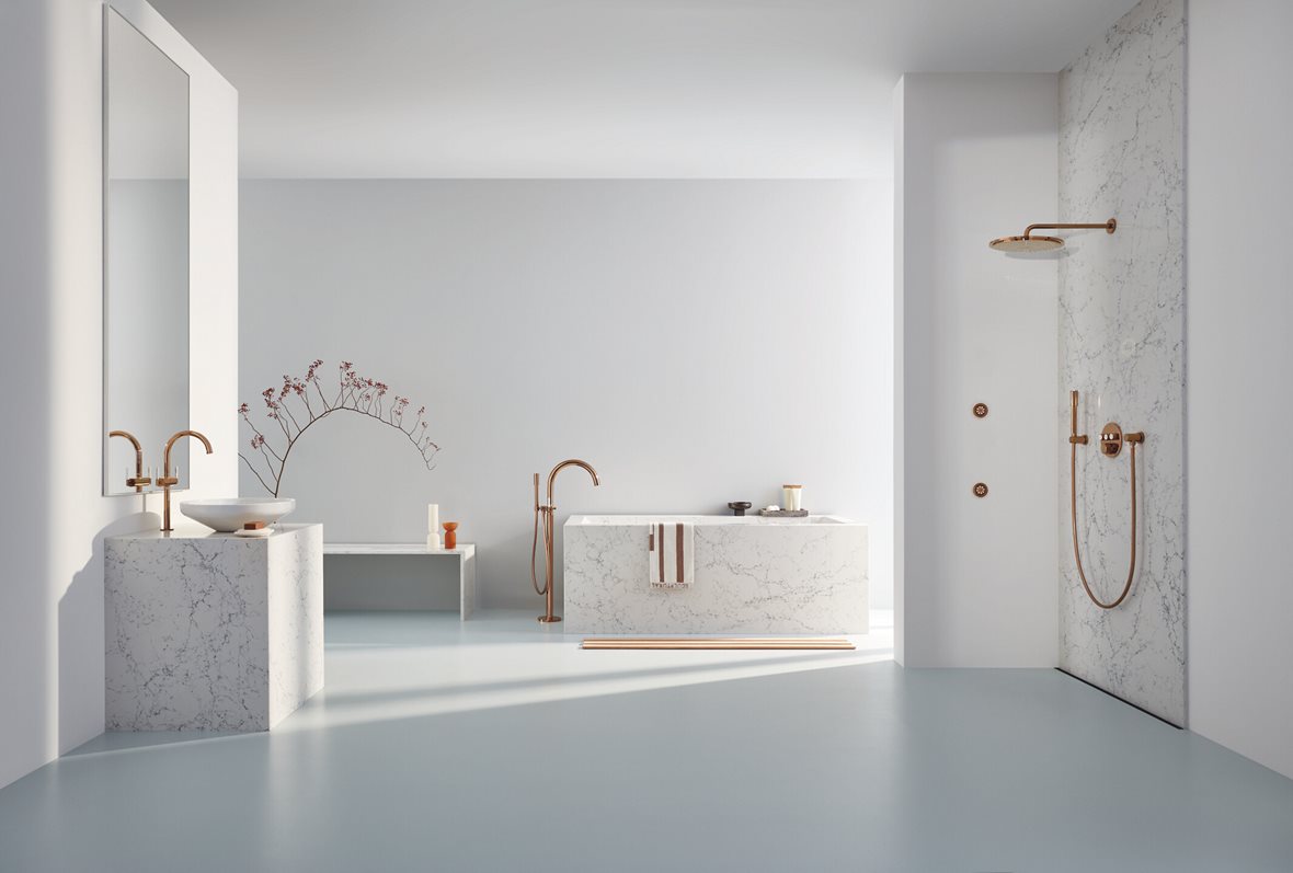 WC, GROHE Grohtherm, GROHE Grohtherm SmartControl pintaosa termostaattihanalle pyöreä warm sunset 3 toimintoa, GROHE Rainshower, GROHE Rainshower seinäliitin pyöreä warm sunset, GROHE Rainshower Cosmopolitan 310 yläsuihku seinään brushed warm sunset, GROHE Rainshower suihkukahvan pidike pyöreä warm sunset, Grohe, Grohe Silverflex suihkuletku 1,25 m warm sunset, GROHE SPA Atrio Private Collection, GROHE SPA Atrio Private Collection L kaksiote pesuallashana ilman kahvoja warm sunset sisältää push-open pohjave