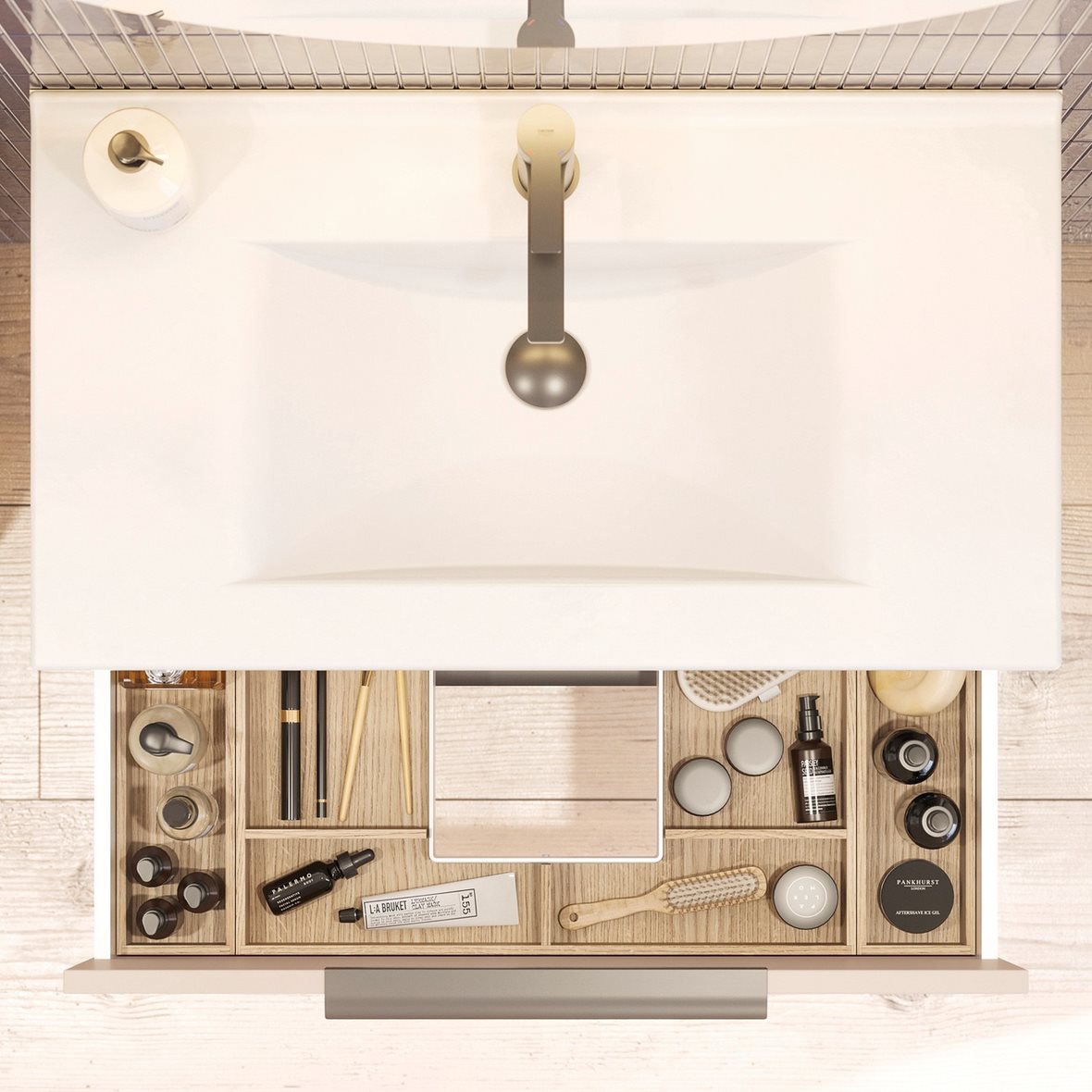 Dansani laatikonjakaja 120x5,5x44 cm tammi ylälaatikkoon kaksoisaltaalle