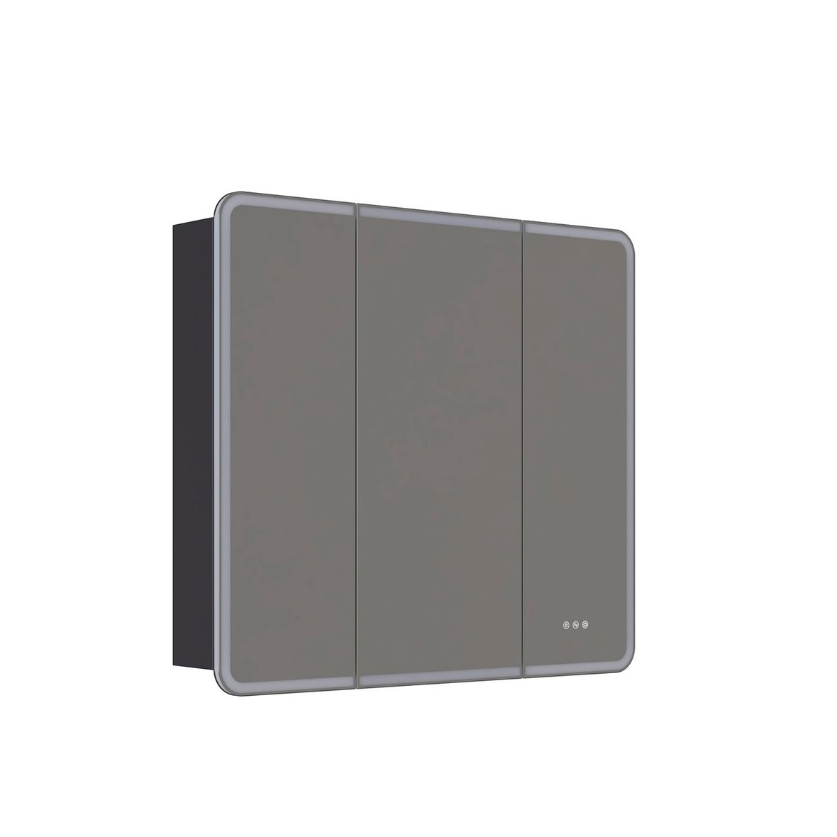 Dansani Luna Radience valaisinpeilikaappi 100x90x16,5 cm mattamusta kumilakka 3 ovea päävalaistus valaistuksenohjaus pistorasia oikealla huurtumaton